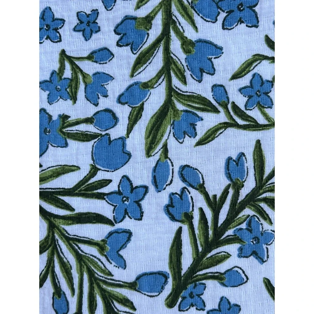 Boundary Shower Curtain Elegant Cotton Texture White Blue Flowers Blue Trim New